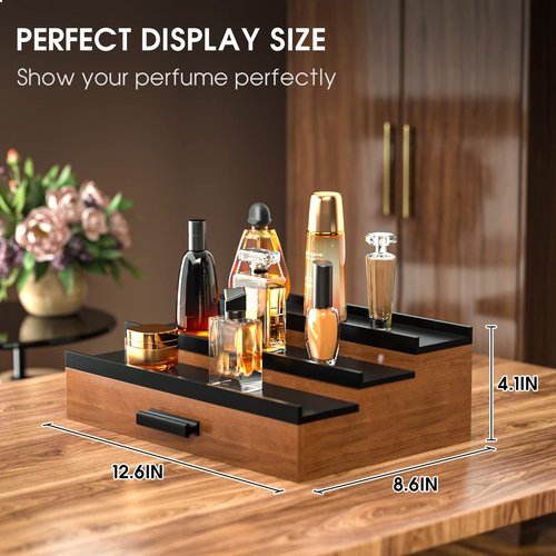 Sephyroth Wooden Cologne Organizer for Men 3 Tier of Elevated Cologne Display Shelf with Drawer Storage Perfume Organization and Storage Display Risers,Great Gift for Man(Walnut Black)