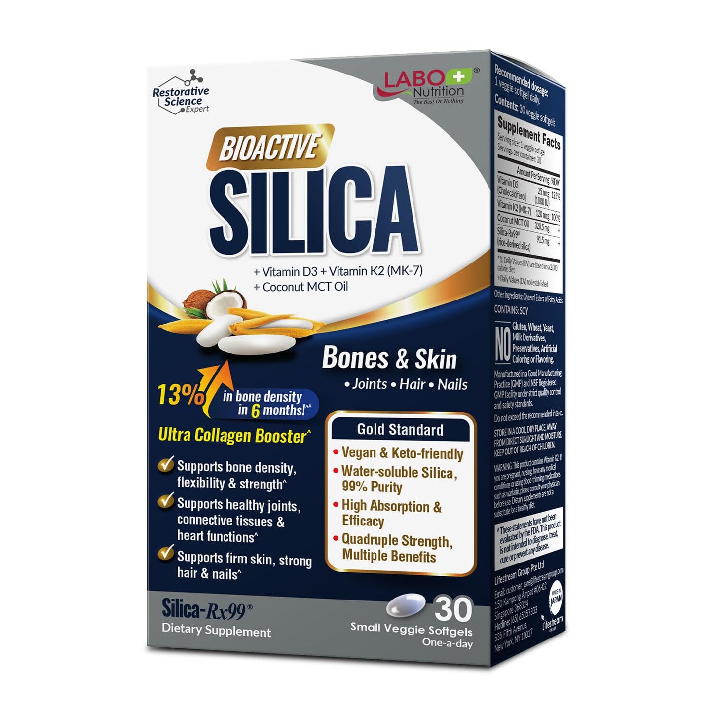 LABO Nutrition Bioactive Silica — 99% Purity Rice-Derived Silica-Rx99 for Bone Health, Joint Flexibility & Collagen Support — with Plant Vitamin D3, K2 MK-7 & MCT Oil, 30 Vegan Softgels