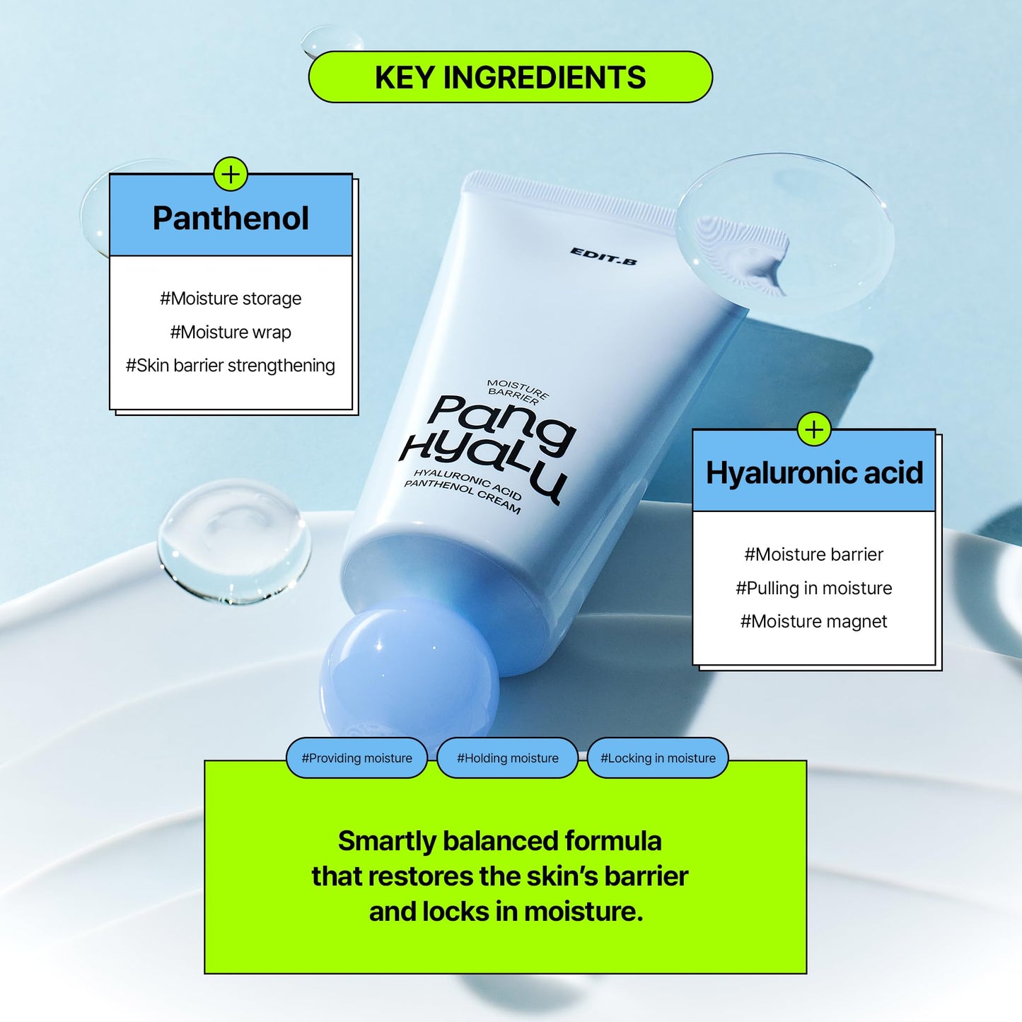 EDIT.B Moisture Barrier Pang Hyaluronic Acid Panthenol Cream, Long-Lasting Deep Hydration Lightweight Facial Moisturizing Cream, Soothing and Hydrating, Korean Daily Skin Care, 3.38 fl.oz (100ml)