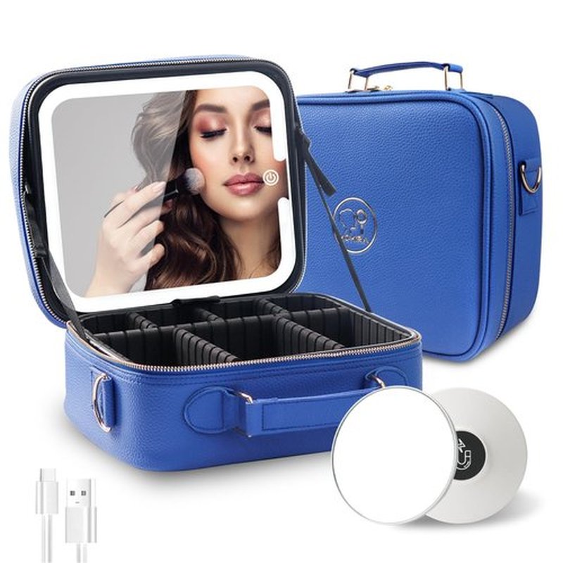 MOMIRA Travel Makeup Bag Cosmetic Bag with Lighted Mirror, Adjustable Brightness in 3 Color Scenarios/Detachable makeup mirror, 2024-All-round Upgrade, Waterproof, Gift for Women -Blue