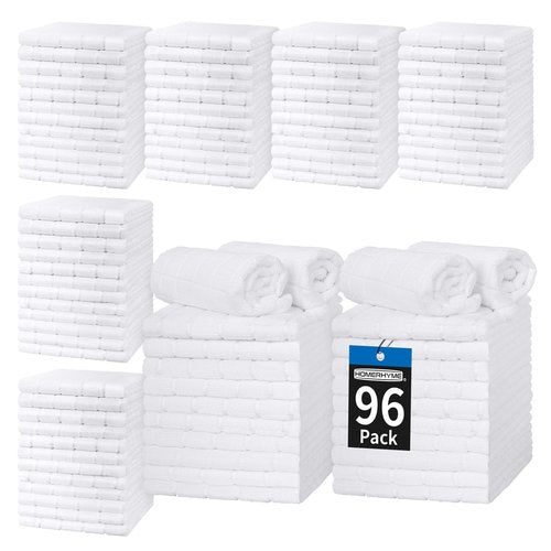 HOMERHYME Hand Towels, 96 Pack 25''*15'' White Microfiber Kitchen Bathroom Hand Towels, All-Purpose Quick Dry Lint Free Soft Absorbent Bulk Checkered Washcloth Bath Towels for Travel Gym Hotel
