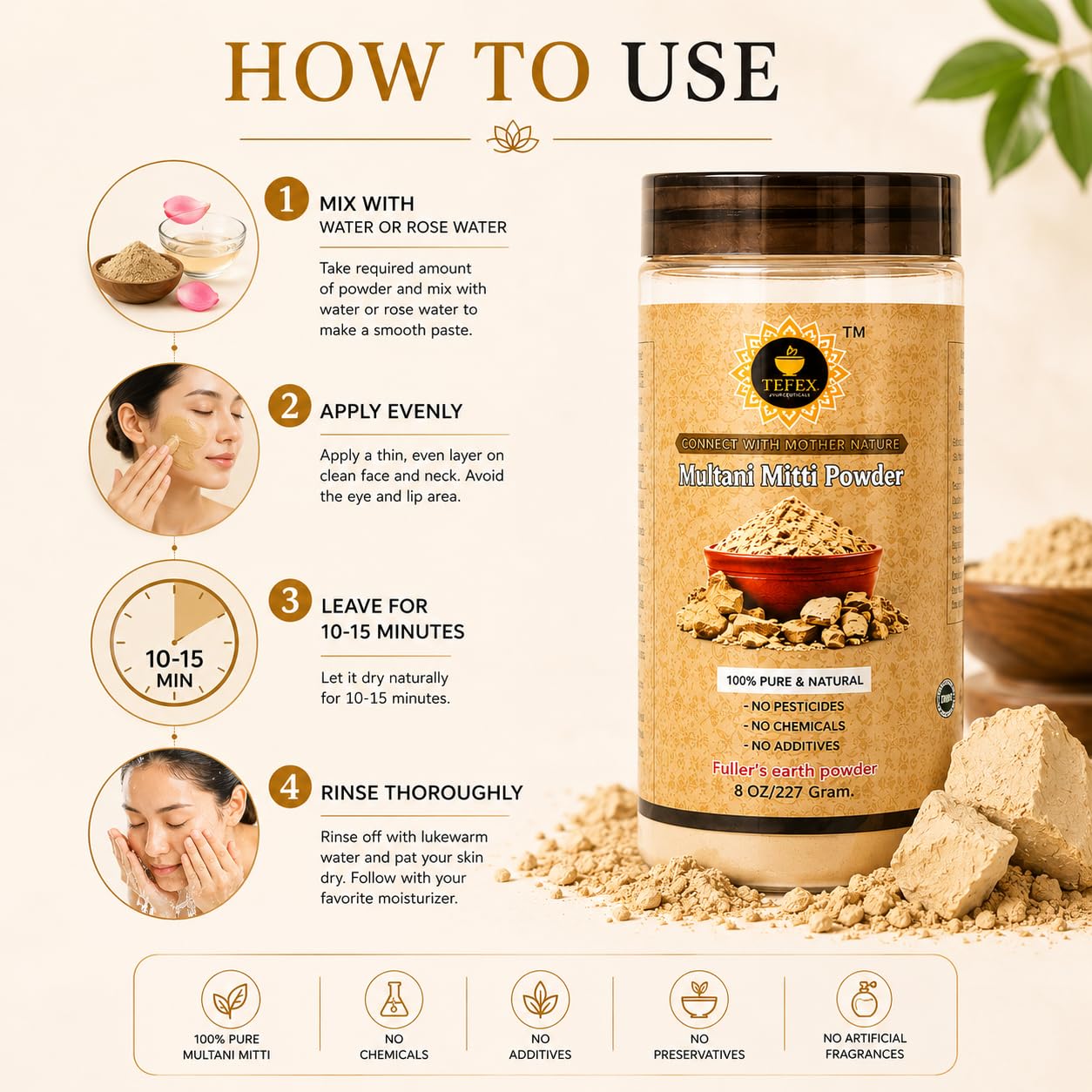 TEFEX ENTERPRISES Multani Mitti Powder (Fuller’s Earth) – 227 Grams / 8 oz | 100% Natural Clay for Face Mask, Skin Detox & Oil Control | Airtight Bottle