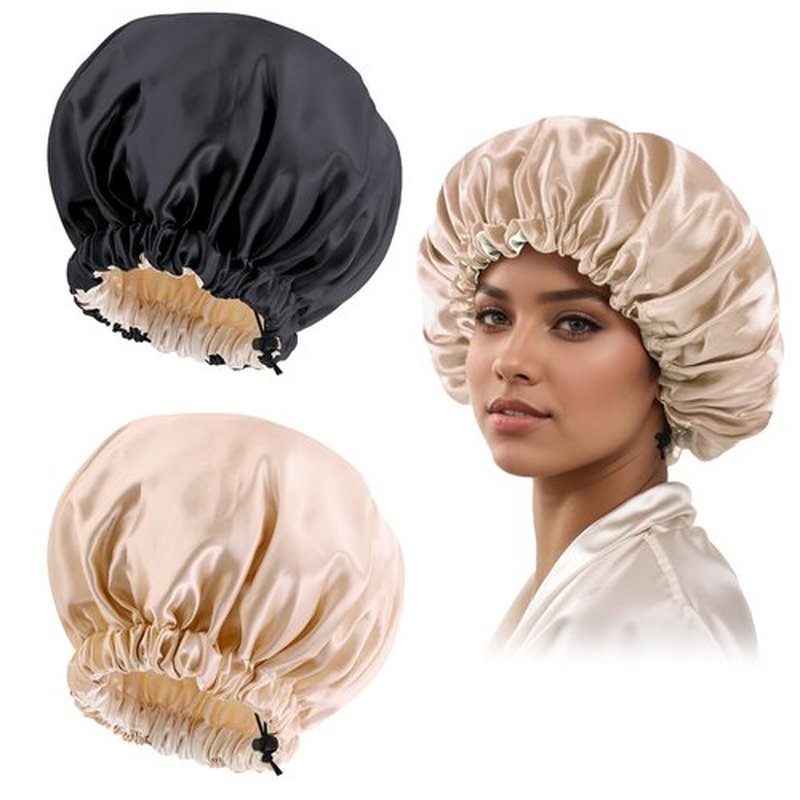 Satin Bonnet Silk Bonnet for Curly Hair Bonnet Braid Bonnet for Sleeping Bonnets for Women Large Double-Layer Adjustable(Black&Champagne)