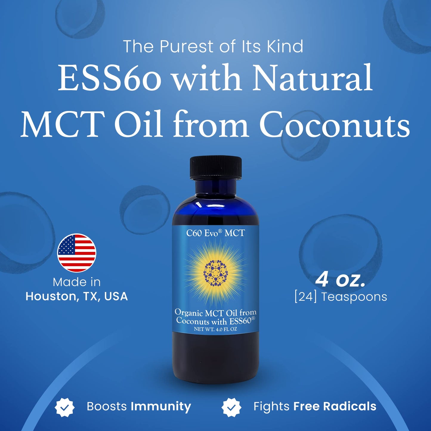 C60 Evo MCT Oil from Coconuts with C60 ESS60, Immune Support, Sleep Aid Rich in Antioxidants, Flexibility and Joint Support Supplement, Promotes MCT Wellness for Energy Boost (4 oz)