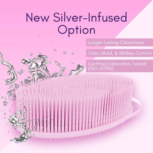 Avilana Silicone Exfoliating Body Scrubber – Dual-Sided Silicone Loofah for Shower, Body Scrubber for Men & Women, Gentle Loofa Alternative, Easy-to-Clean Silicone Body Scrubber (S2-Pink with Silver)