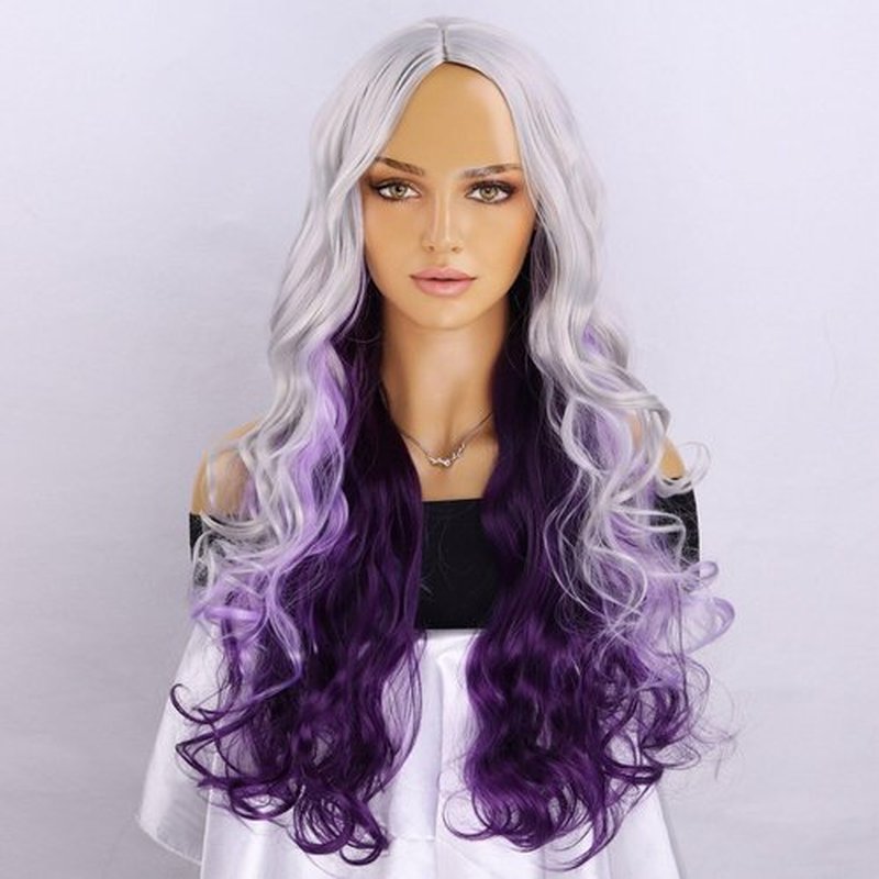 RightOn Silver Grey to Purple Wig Long Curly Wig Silver Mix Purple Wigs Long Wavy Wig Natural Looking Synthetic Wig Cosplay Wig for Women Wig Cap Include