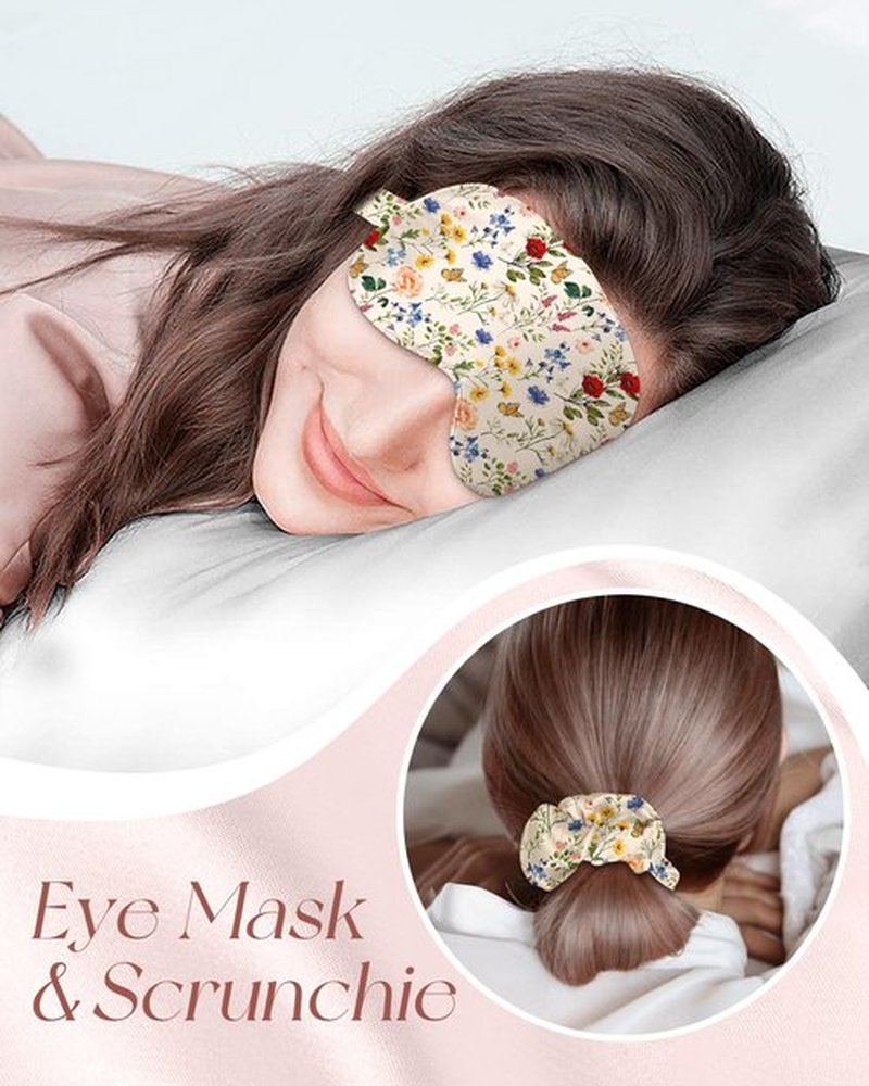 Miss Adola Silk Bonnet for Women - Mulberry Silk Sleep Cap for Hair Care with Eye Mask & Scrunchie 19 Momme Night Cap Sleeping Set with Elastic Stay On Head, Retro Flower