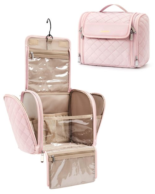 BAGSMART Makeup Bag Cosmetic Travel Bag with Hanging Hook, Water-resistant Make Up Bag Organizer for Accessories, Brushes, Sponge, Full-size Container, Toiletries, Pink