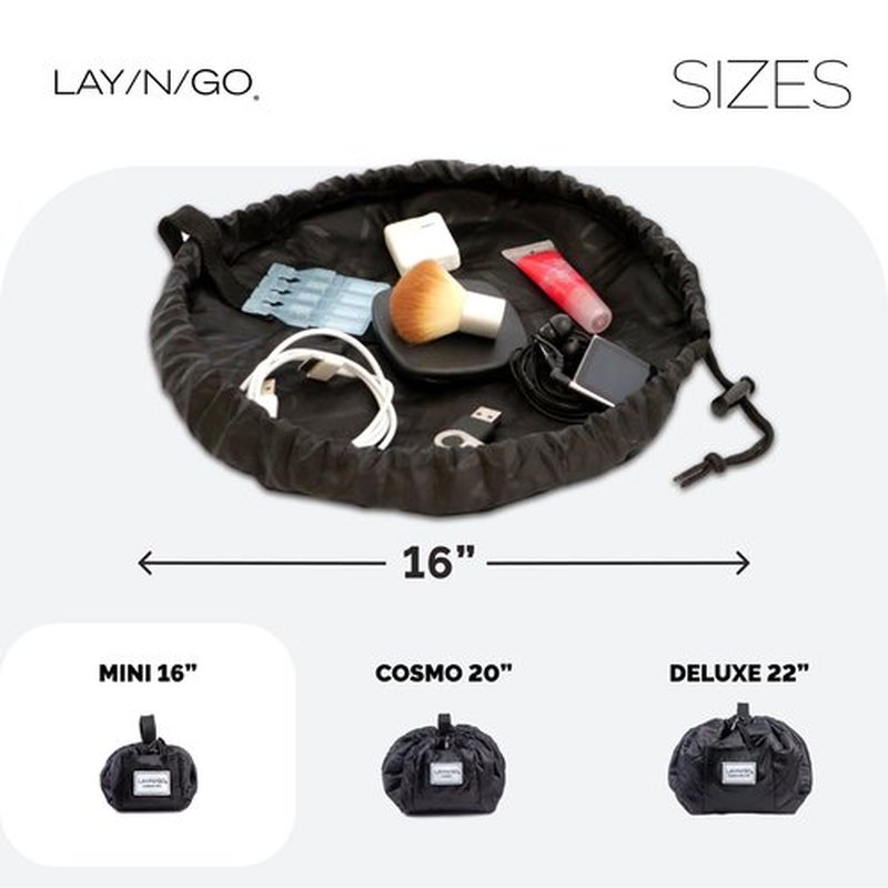 Lay-n-Go Cosmo Drawstring Cosmetic & Makeup Bag Organizer - Portable Drawstring Makeup Bag w/Zipper Pocket, Makeup Loops & More - Durable, Machine Washable Makeup Bag for Travel (16”, Black)