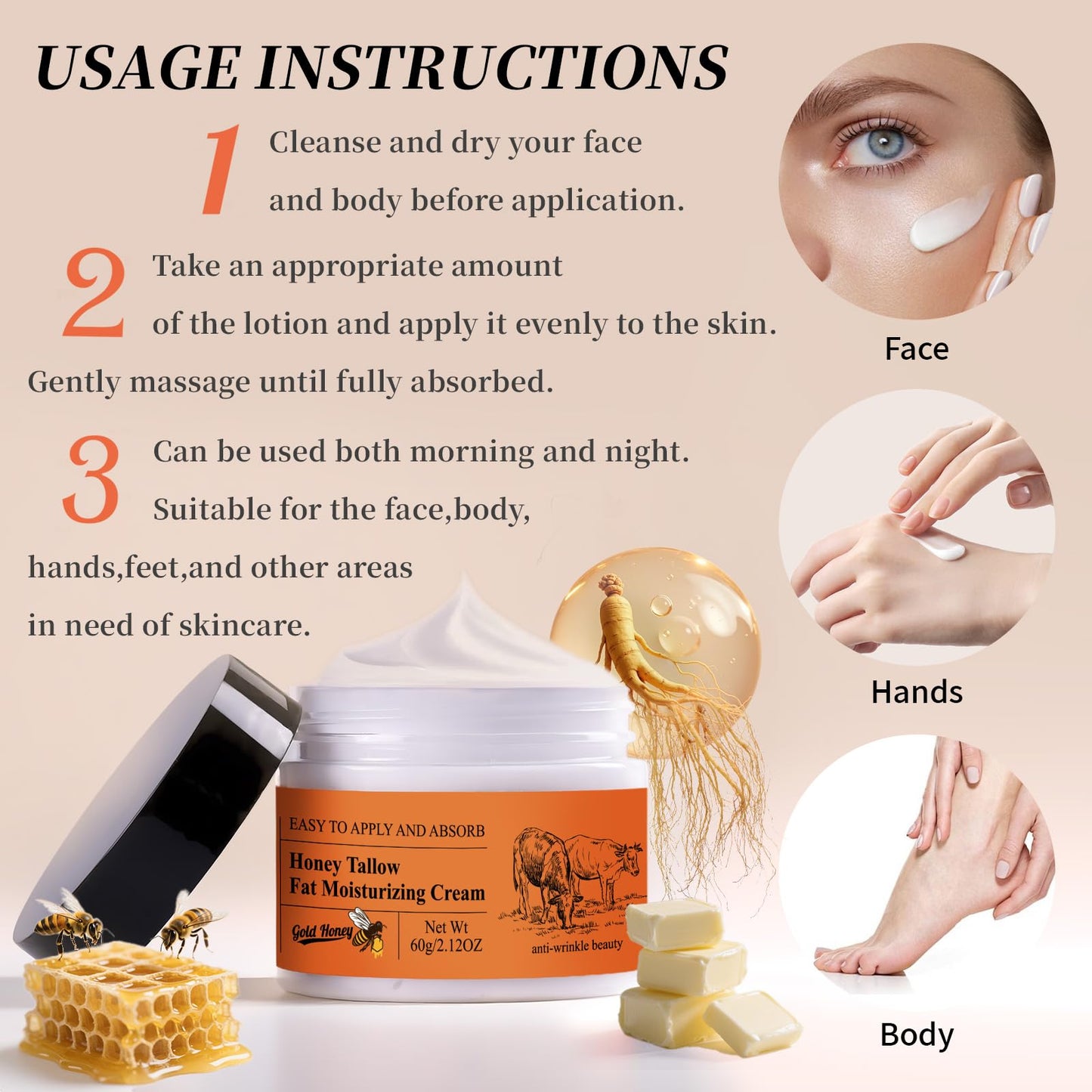 Balasoma Beef Tallow for Skin - Tallow and Honey Balm for Face Body - Contains Natural Plant Ingredients - Deep Moisturizing and Nourishing with Anti-aging Effects