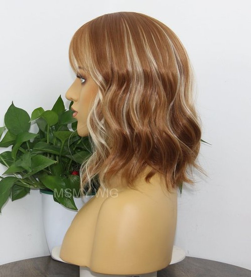 MSMYRNS Short Wavy Curly Bob Wig with Bangs Ginger Brown Mixed 613 Blonde Highlights Color Glueless Heat Resistant Synthetic Wig Full Wig For Women Girls Fashion 14 Inch