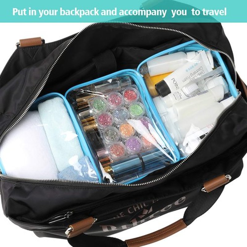 Packism Clear Makeup Bag - Waterproof TSA Approved Toiletry Bag Quart Size Bag, Clear Makeup Bags with Zipper Travel Cosmetic Bag, Carry on Airport Airline Compliant Bag, 3 Pack, Blue