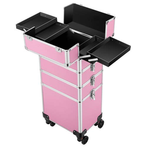 VIVOHOME 4 in 1 Makeup Rolling Train Case Aluminum Trolley Professional Cosmetic Organizer Box with Shoulder Straps 2 Keys Pink(Cosmetic are not included)