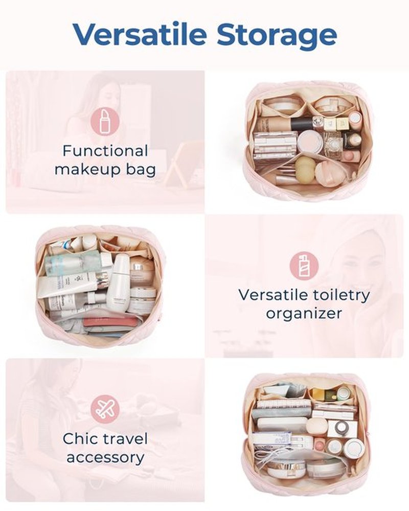 BAGSMART Makeup Bag, Travel Cosmetic Bag, Puffy Padded Make Up Bag for Women, Makeup Organizer Case, Wide-open Pouch Purse, Travel Essentials, Toiletries Accessories Brushes, Camel(Khaki)
