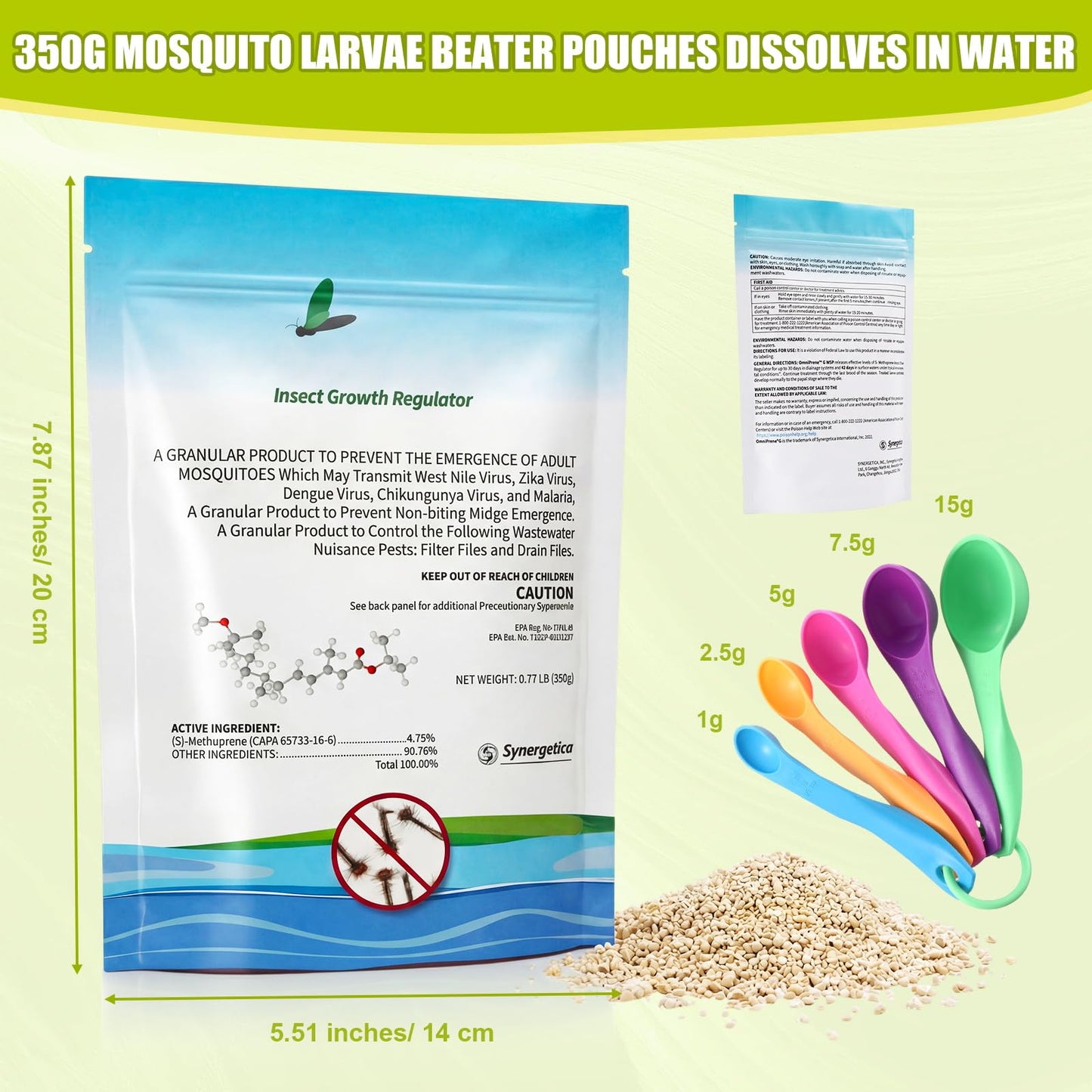 OmniPrene Mosquito Larvae Pouches Dissolves in Water with Measuring Spoon Treats Up to 46200 Gallon 4.25% S-Methoprene IGR Biological Control Won't Harm Fish Bird EPA Certified Rain Bath Pool 350g