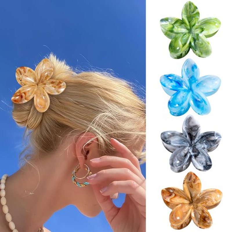 Flower Hair Clips, 4PCS Hawaiian Plumeria Flower Hair Claw, Artistic Multi-color Smudge Pattern Barrettes Hair Clips, Beach Tropical Hair Accessories for Women and Girls - Color B