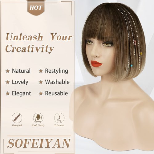 SOFEIYAN Short Straight Ombre Brown Bob Wigs with Bangs Synthetic Wigs Colorful Daily Party Cosplay Hair Wig for Women Ladies 12 inch Short Bob Wigs