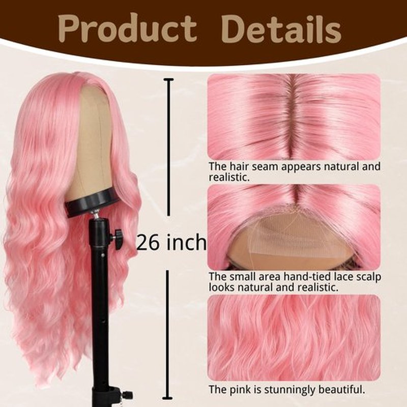 Long Pink Wig for Women 26 Inch Middle Part Wavy Women Charming Wigs Realistic Natural Looking Synthetic Heat Resistant Fiber Wig for Daily Party Use