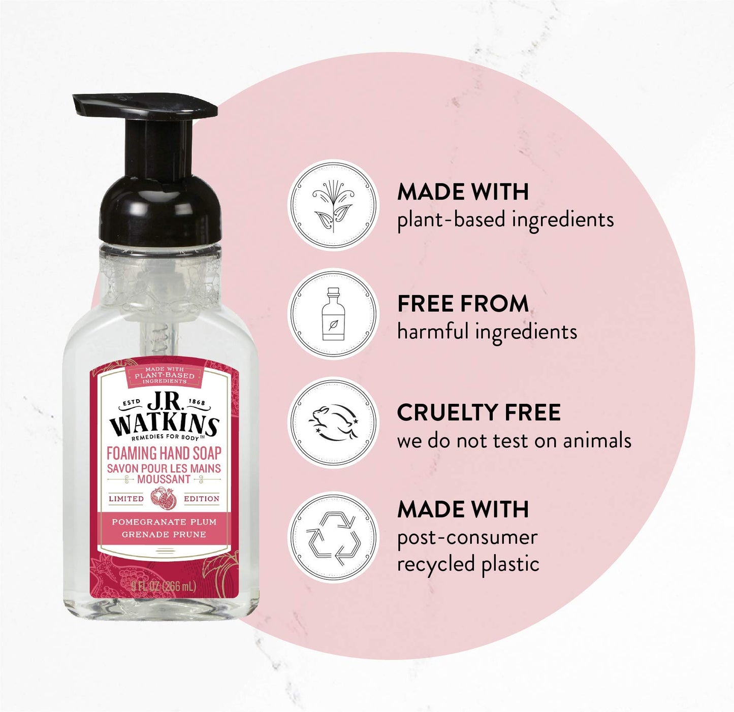 J.R. Watkins Foaming Hand Soap with Pump Dispenser, Moisturizing Foam Hand Wash, Alcohol-Free, Cruelty-Free, Pomegranate & Plum, 9 fl oz, 3 Pack