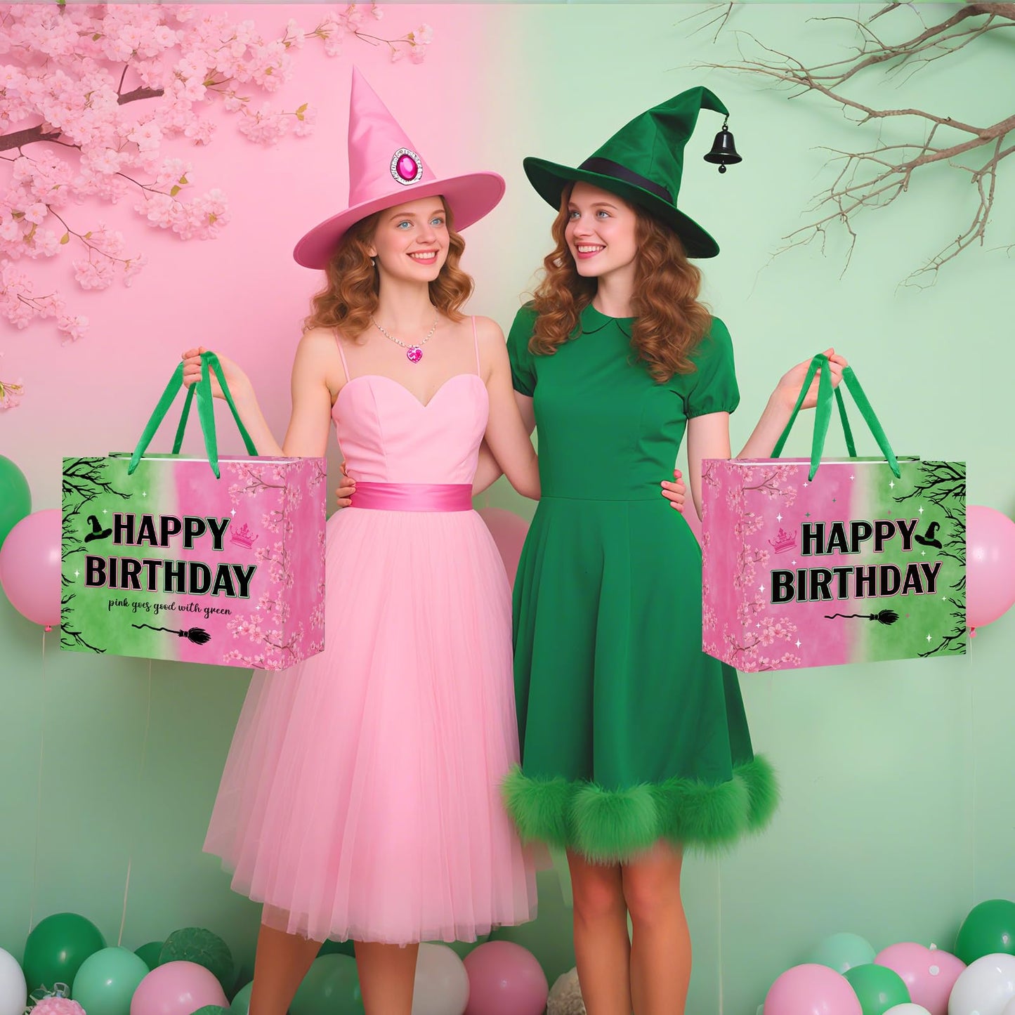 aqwithaj Witch Birthday Gift Bag for Girl Pink And Green Birthday Bag with Wrapping Paper and Greeting Card Musical Witch Hat Crown Movie Theme Paper Bags Gift Box for Friendship Bday Party Supplies