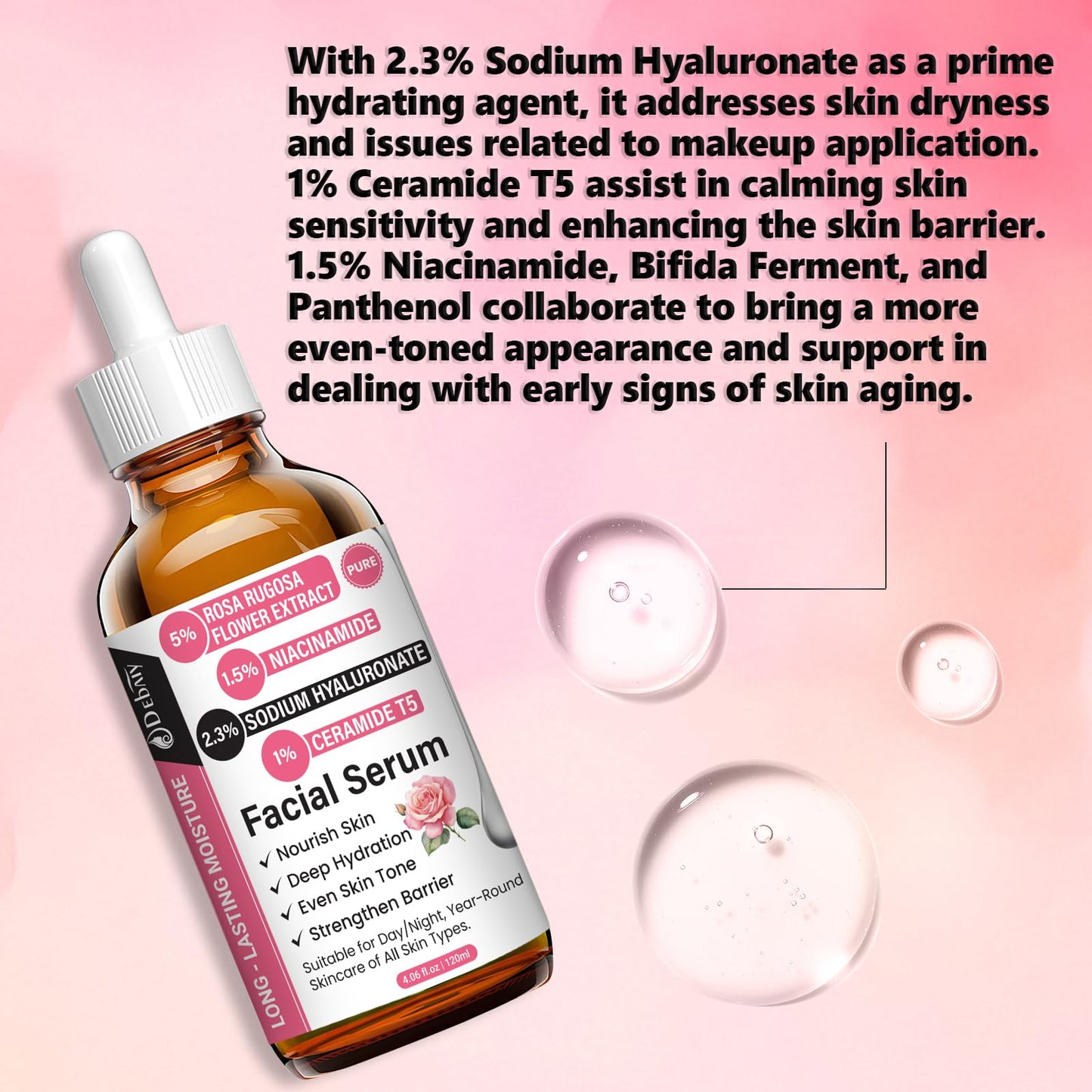 DEBAIY Rose 2.3% Hyaluronic Acid Facial Serum - Nourish Skin, 120ml/4.06fl.oz