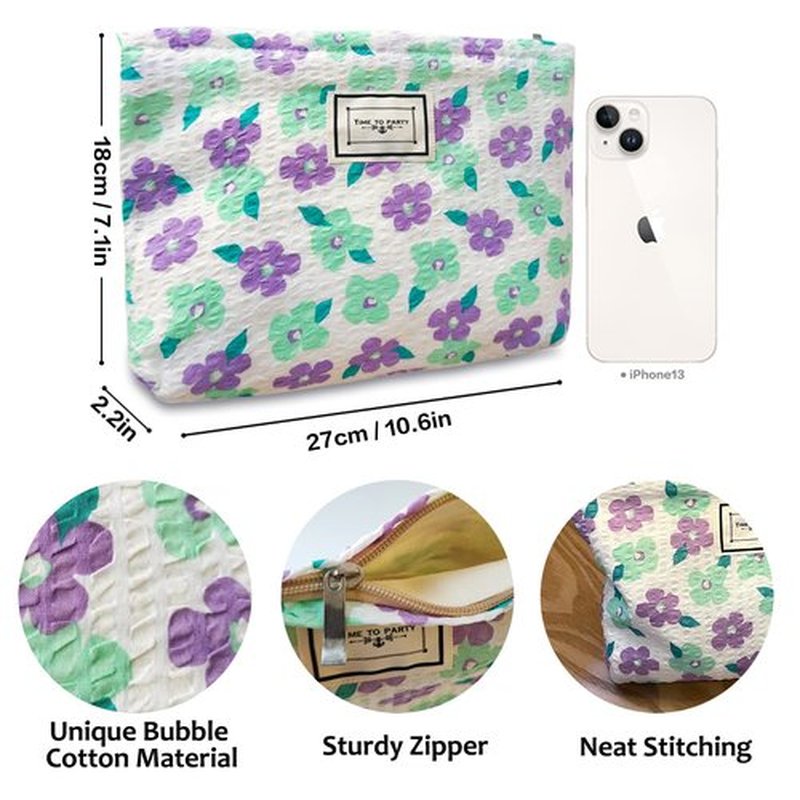 STARDW Cosmetic Bags for Women Flower Makeup Bag Cute Cosmetic Bag Travel Toiletry Bag Large Capacity Canvas Makeup Organizer Bag Zipper Pouch (Purple Flowers)
