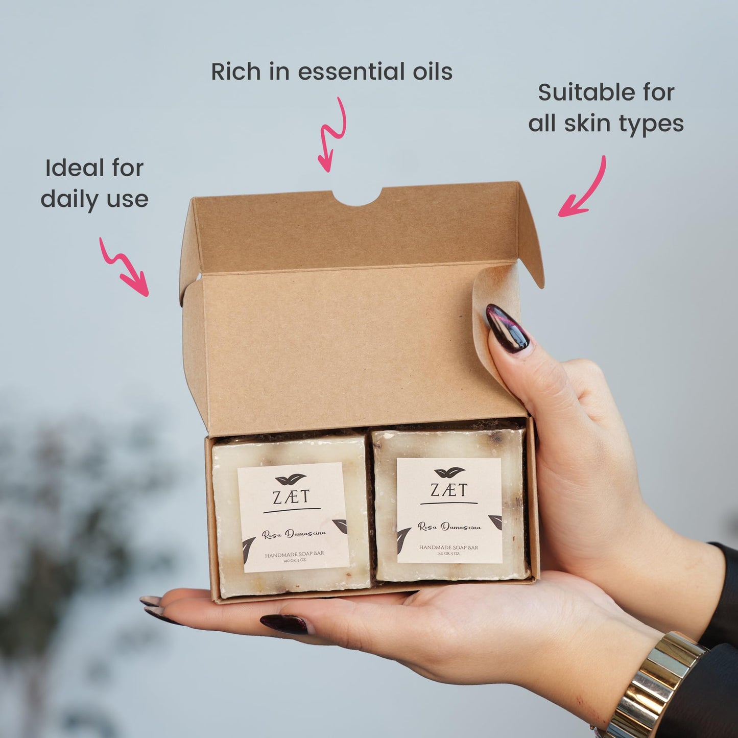 ZÆT 2-Pack Rose Damascene Bar Soap – Natural Rose Extract with Olive Oil and Coconut Oil - Handmade Soap Bar for Face and Body - Gently Cleanses and Hydrates All Skin Types- For Men and Women