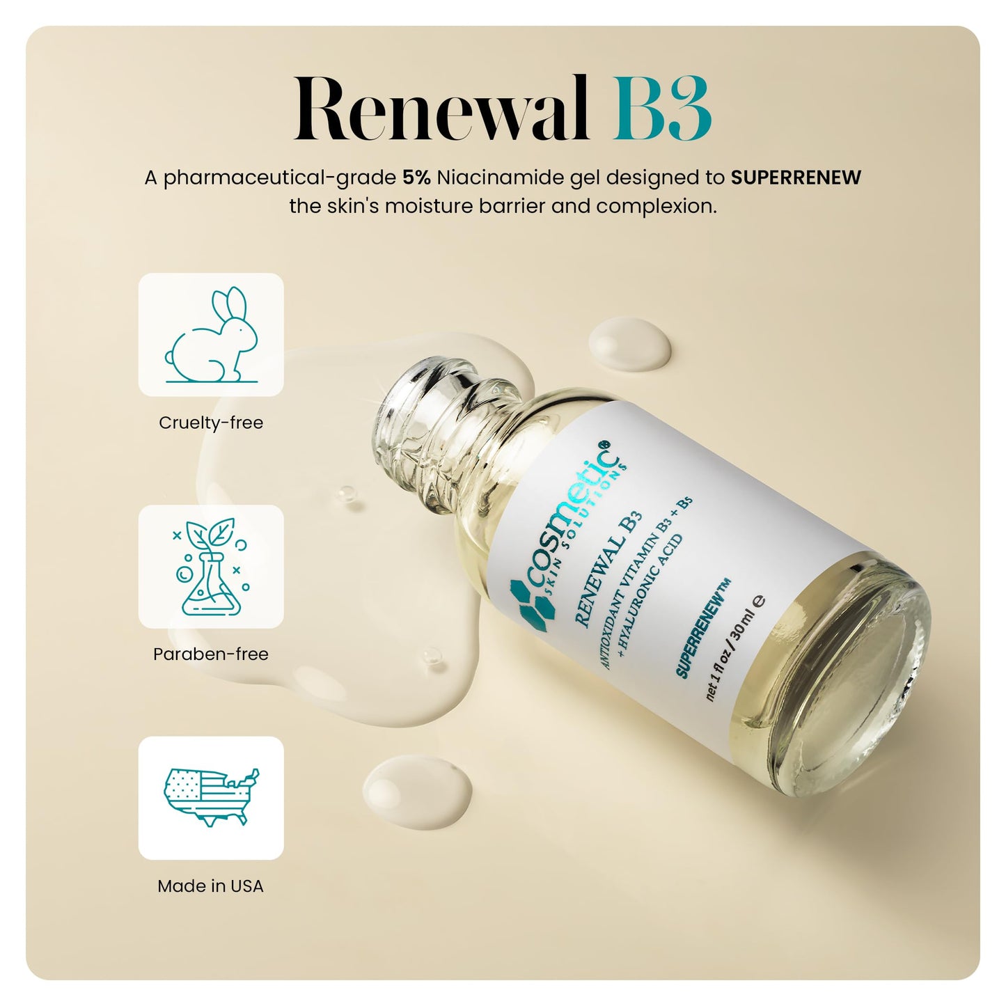 Renewal B3 Serum – 5% Niacinamide with Hyaluronic Acid & Vitamin B5 – Hydrating Face Serum for Dry & Dehydrated Skin – Improves the Look of Fine Lines, Uneven Tone & Enlarged Pores – 1 Fl Oz