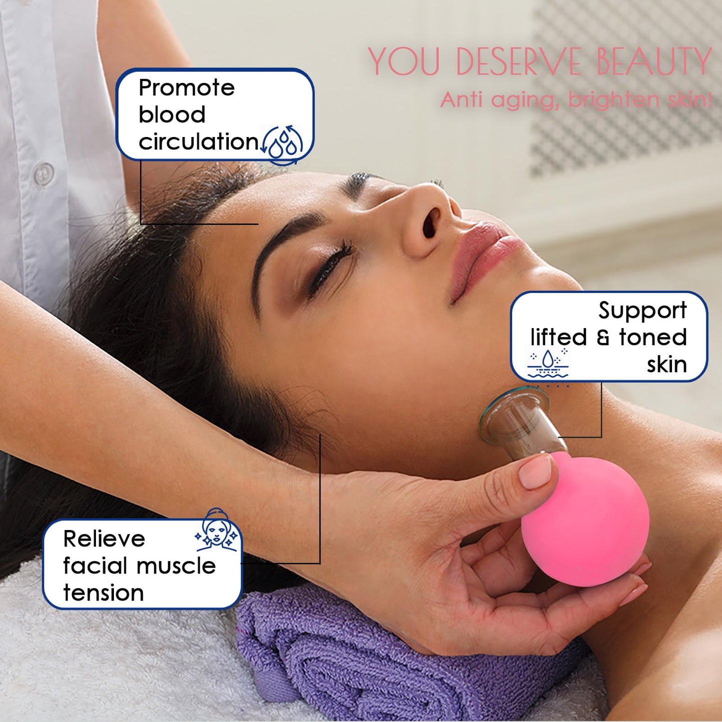 okmaba 4PCS Glass Facial Cupping Set, Anti Aging Face Cupping Cups for Face & Neck Lift, Glowing Skin - Rejuvenation, Lymphatic Drainage, Facial Vacuum Suction Cups (Pink)