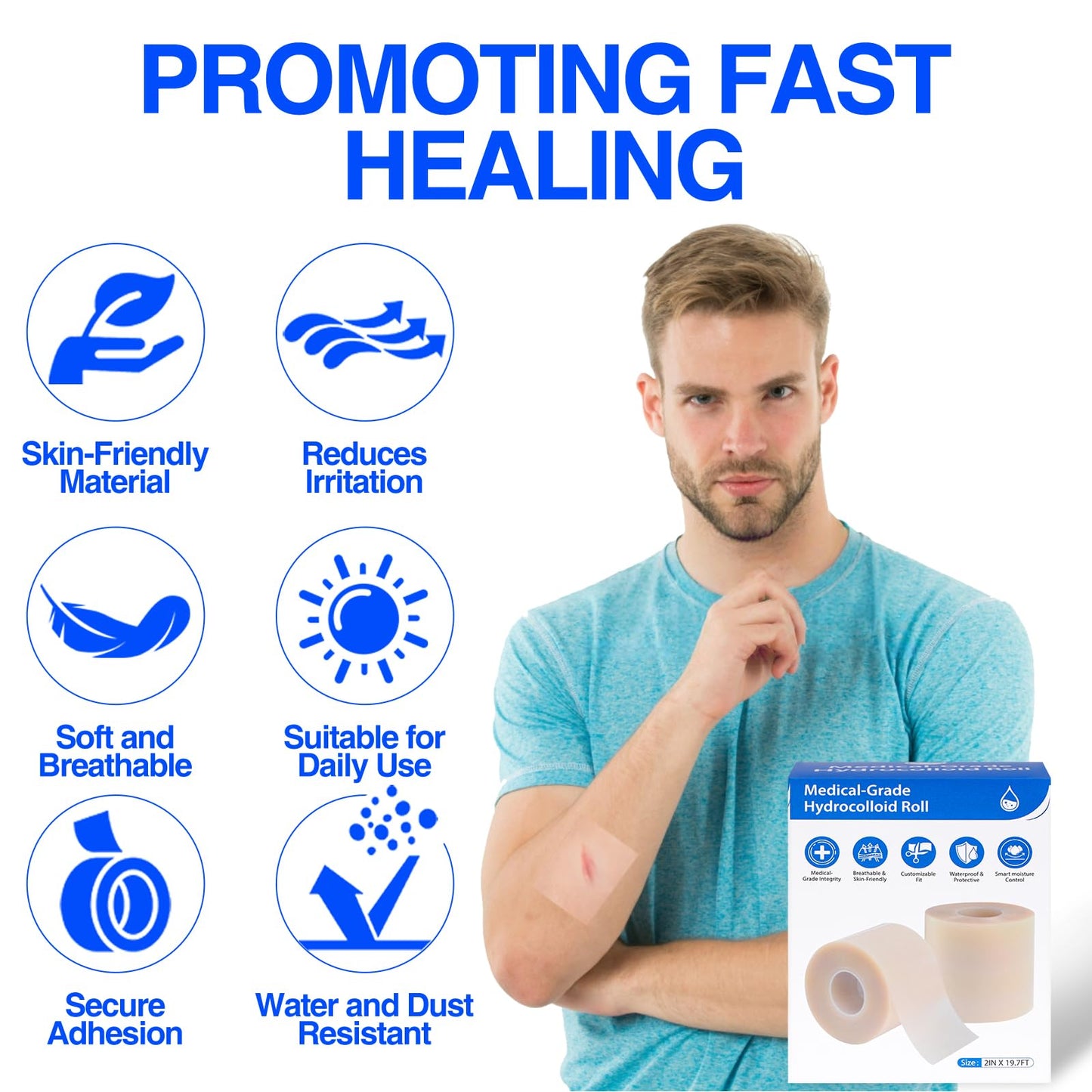 Hydrocolloid Bandages Roll 2" × 19.7' – Hydrocolloid Roll for Wound Care, Hydrocolloid Patch Large, Hydrocolloid Gel Bandages Hydrocolloid Dressing with Self-Adhesive, DIY Size Shape First Aid Kit