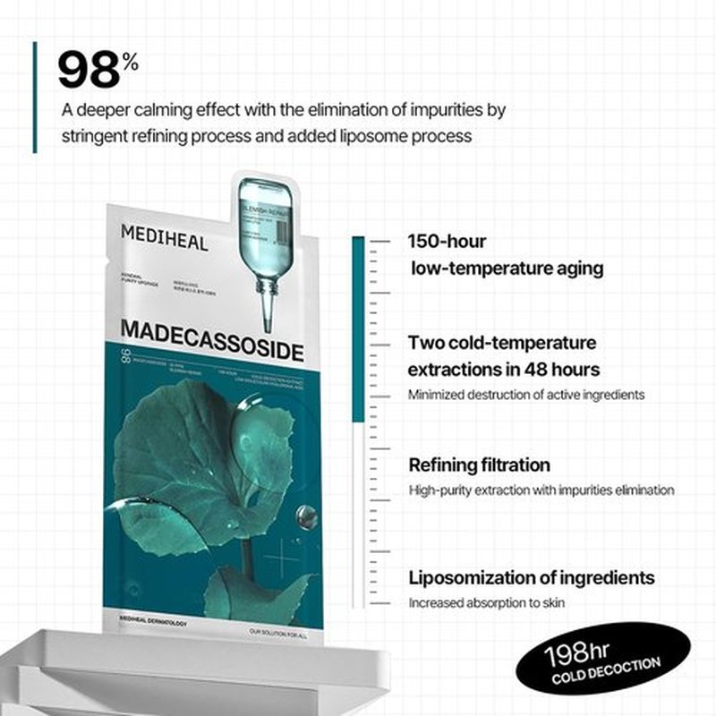 Mediheal Madecassoside Essential Sheet Mask Blemish Repair 4 pcs. 98% Purity Madecassoside & Hyaluronic Acid Included. Enhancing Moisture Barrier & Skin Texture Care. Vegan Formula Sheet Mask