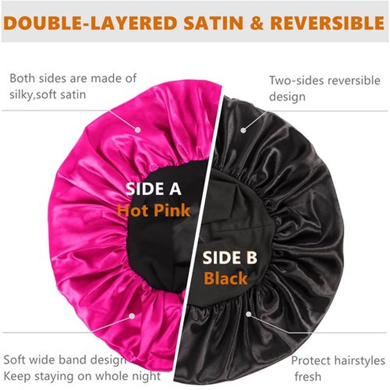 Bonnet for Men,Hair Bonnet for Sleeping,Double Layer Satin Bonnets for Black Women Curly Hair Braids,Reversible Sleep Cap (Large,Black/Hot Pink)