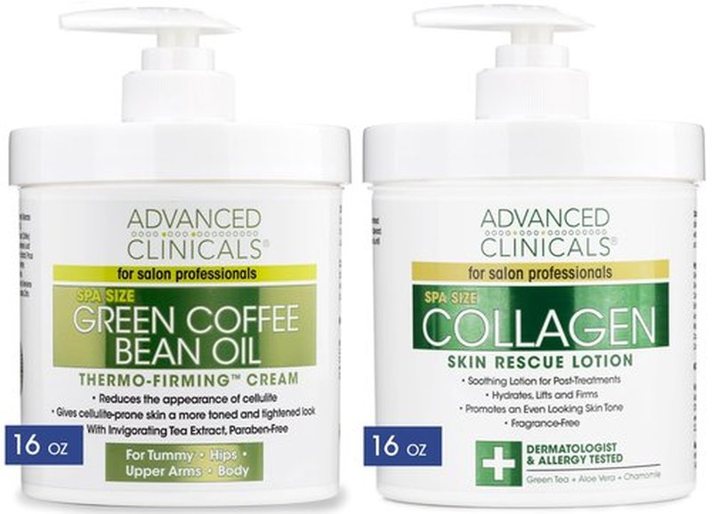 Advanced Clinicals Collagen Firming Cream + Green Coffee Bean Oil Cellulite Body Lotion Moisturizer Skin Care Set, Anti Aging Firming & Tightening Dry Skin Rescue Face & Body Cream Set, 16oz (2-Pack)