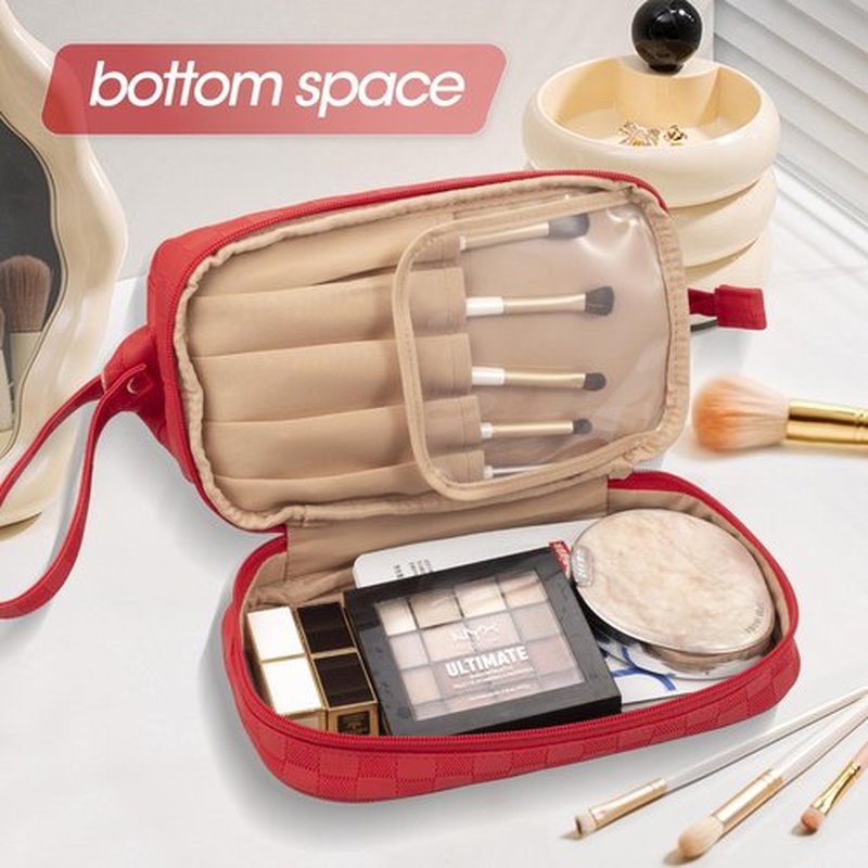 Abiudeng Large Makeup Bag,Waterproof Cosmetic Bag,Make up Travel Bag Essentials,Cute Travel Toiletry Bag for Women Makeup Bag Organizer with Bottom Pouch,Red Travel Size Toiletries Bag for Women