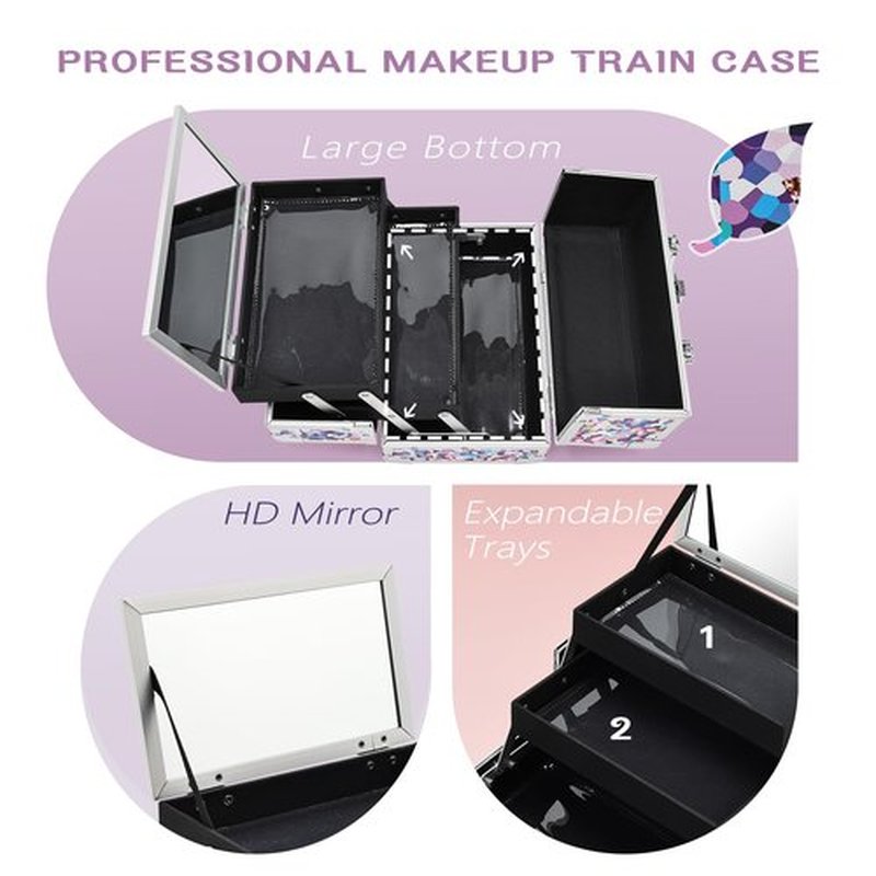 Joligrace Makeup Box Cosmetic Train Case Jewelry Organizer Lockable with Keys and Mirror 2-Tier Tray Portable Carrying with Handle Travel Storage (Spotted Purple)