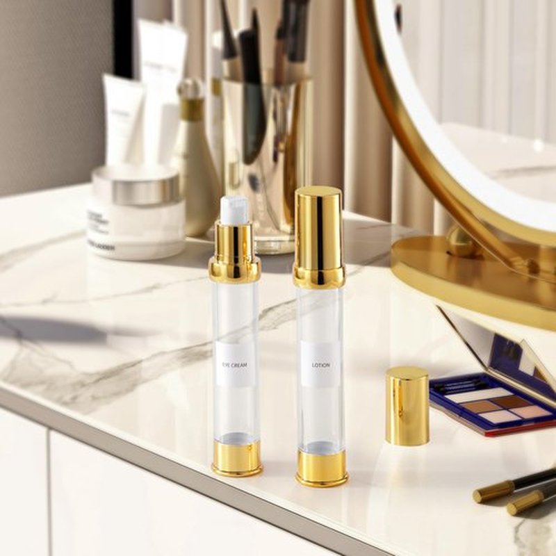 Golden Airless Pump Bottle Travel Set with Box Refillable Empty Cosmetic Pump Bottle Vacuum Pump Bottles for Liquids Such as Hand Soap,Toner,Foundation,Hair Oil,Lotion and Cream(1oz/30ml,4 Pack)