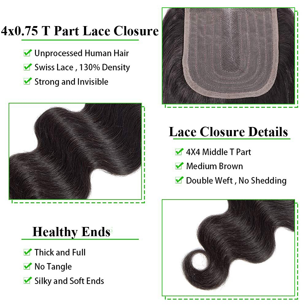 Amella Hair Brazilian Virgin Remy Body Wave Bundles with T Part Closure 4x0.75 Middle Part(12 14 16+12) 8A Body Wave Human Hair 3 Bundles with Closure T-Part Lace Closure Human Hair for Black Women