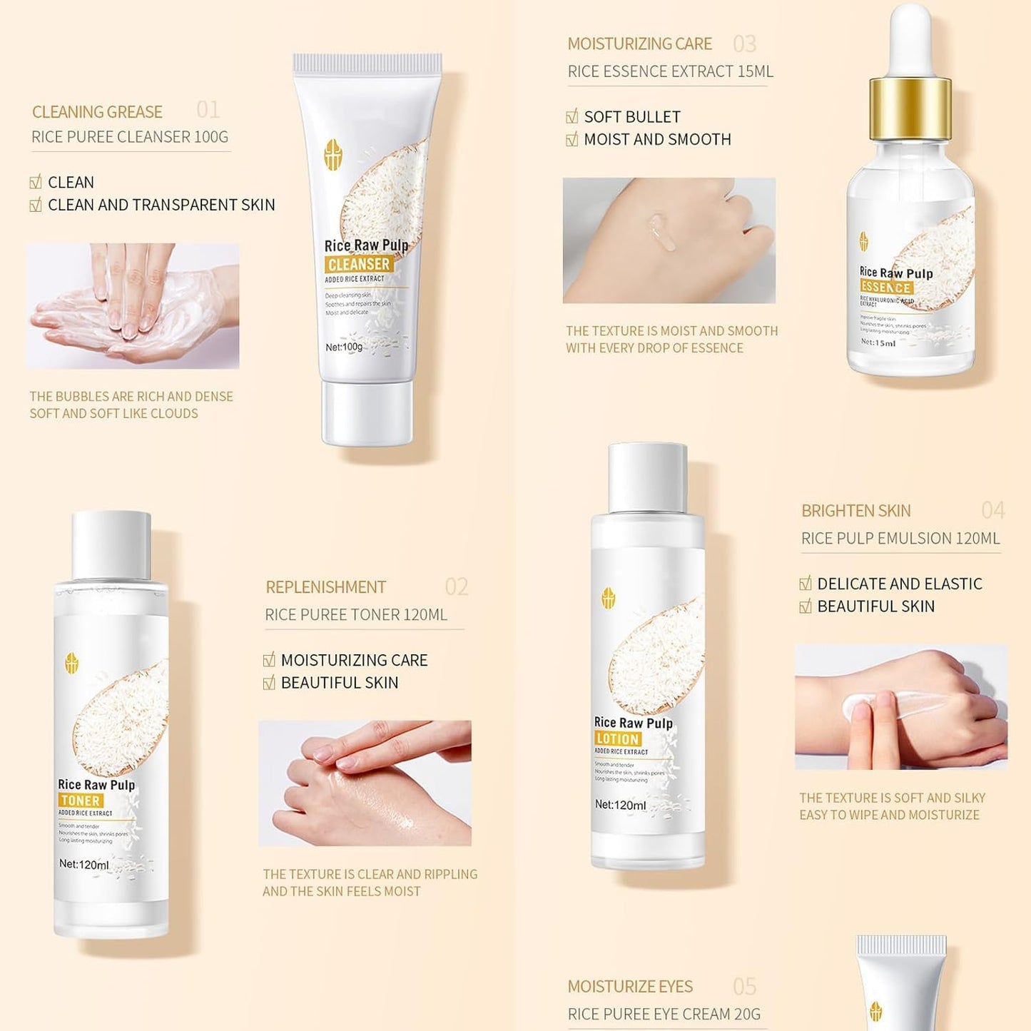 6Pcs Rice Skin Care Set for Teen Girls & Women, Korean Natural Skincare
