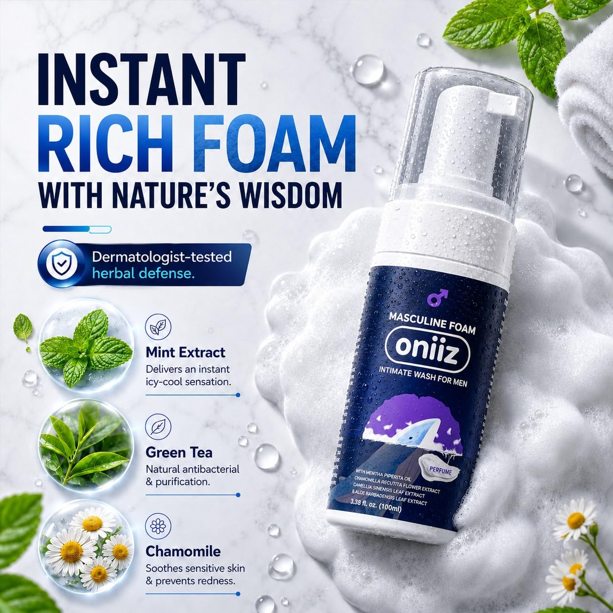 ONIIZ Masculine Foam Men’s Intimate Wash for Odor & Itch Control, pH Balanced Cleanser for Sensitive Skin with Aloe, Chamomile & Green Tea – Perfume (Light Fresh Scent) 3.38 fl oz
