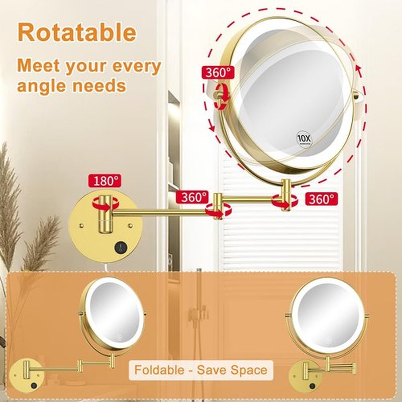 Gospire 9” Wall Mounted Lighted Makeup Vanity Mirror with 3 Color Lights & Stepless Dimming, 1X/10X Magnifying LED Double Sided Bathroom Touch Sensor Extendable Arm 360° Swivel Shaving Gold Mirror
