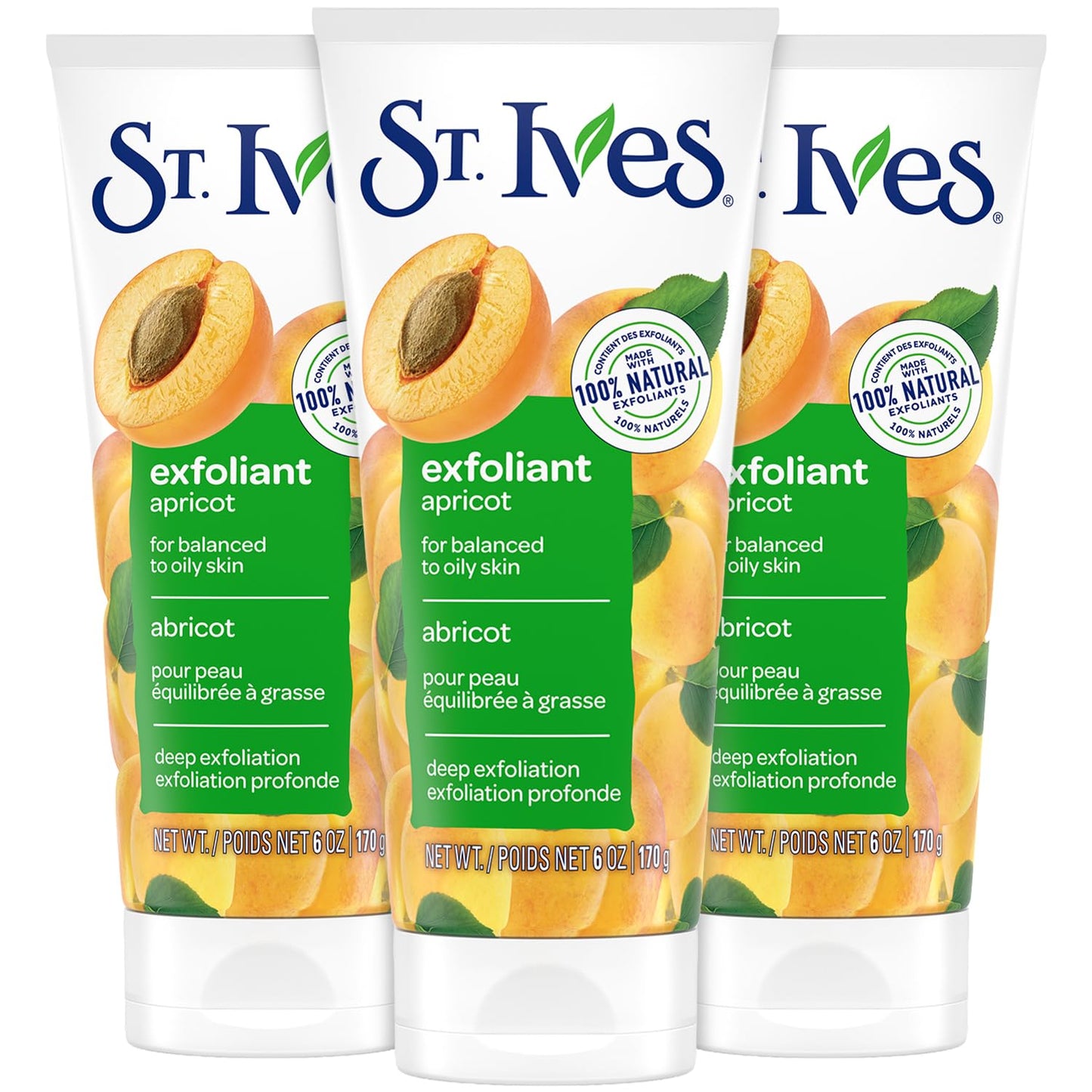 St. Ives Apricot Facial Scrub, Fresh Skin 3-Pack – Face Exfoliant for Balanced to Oily Skin, 6 Oz Ea