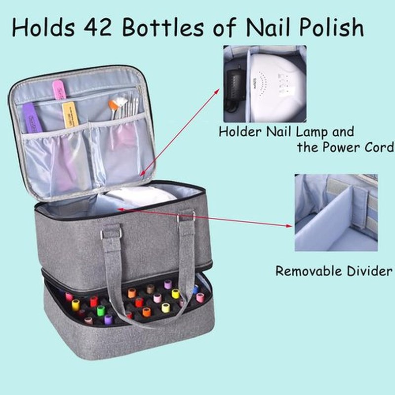 Quoyiyo Nail Polish Bag Organizer Case, Nail Polish Organizer Case Hold 42 Bottles (15 ml) and Nail Lamp, Double Layers Nail Polish Case with Adjustable Dividers for Nail Art Tools(15 ml)