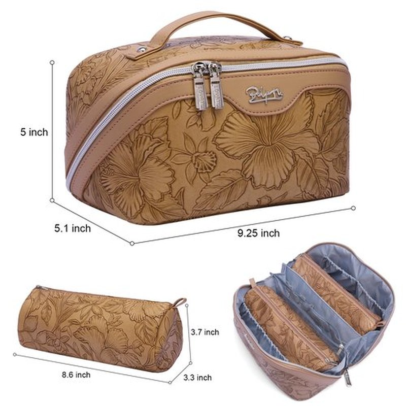 Travel Makeup Bags Cosmetic Organizer Bag: 3-Set Large Capacity Make up Bag - PU Leather Toiletry Bag for Women - Wide Open Portable Pouch with Divider & Handle (01-Z-Brown)