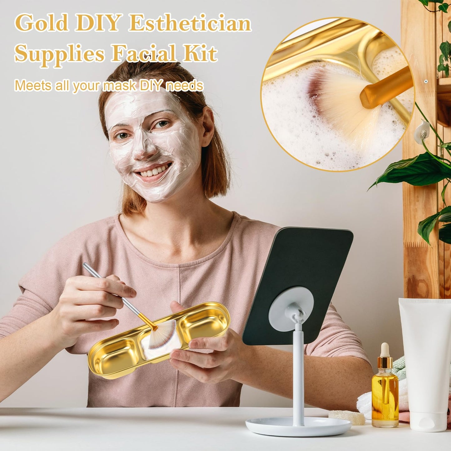 12 Pcs DIY Esthetician Bowls Face Mask Tray Facial Brushes Esthetician Gold Facial Supplies Kit 3 Compartment Stainless Steel Skincare Tray Fan Brushes Esthetician Facial Bowls for Spa Salon Nail