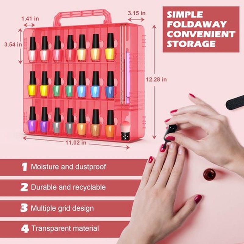 Beloving 2pcs Nail Polish Organizer, Portable 48 Bottles Clear Nail Polish Holder with Adjustable Divider, Gel Nail Polish Storage Double Side Nail Polish Organizer Case for Nail Tech Red