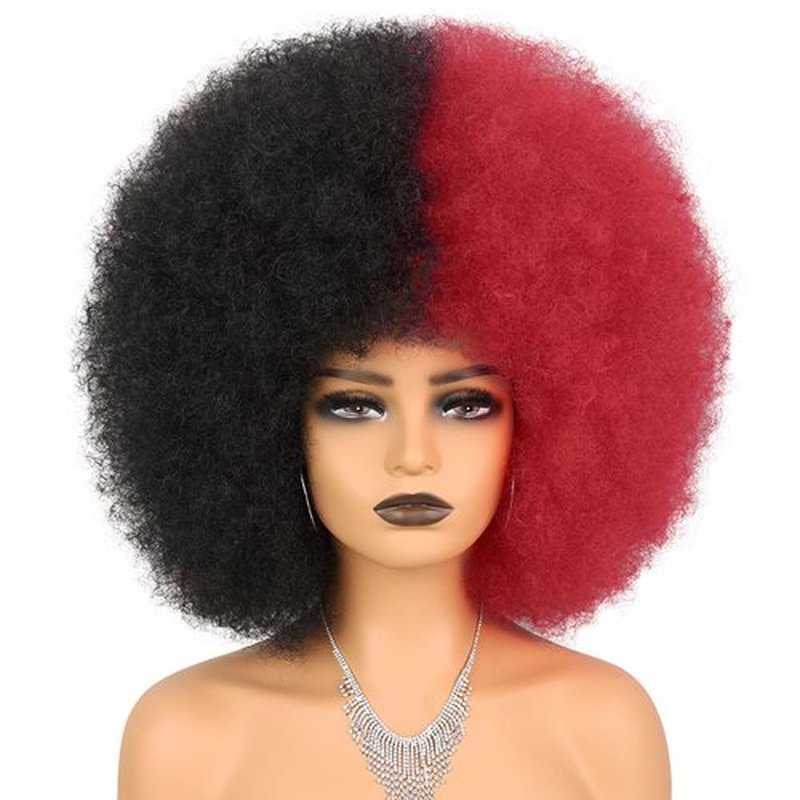 Wallden Hair Short Afro Wigs for Women Glueless Wear and Go Wig Half Black Half Red Synthetic Wig Natural Looking Heat Resistant Fiber Wig for Cosplay Costume Party Halloween Use(Black and Red)