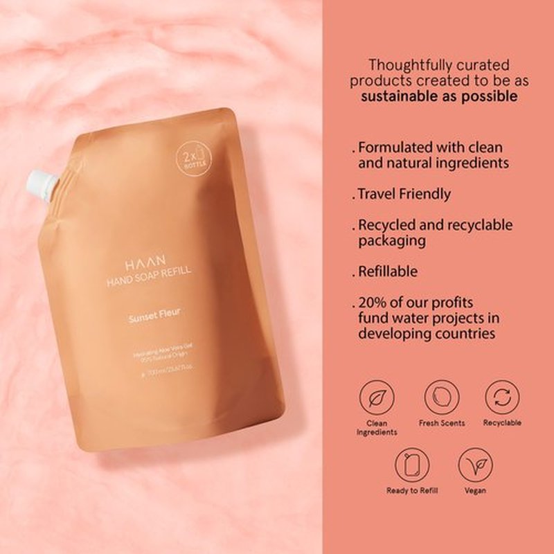 HAAN Foaming Hand Soap Refill | Moisturizing Liquid Hand Soap for Dry Skin | Multi Purpose Hand Wash with Aloe Vera & Cocos Nucifera | Bathroom Soap w/Pump Dispenser | Sunset Fleur - 23.67 Fl Oz