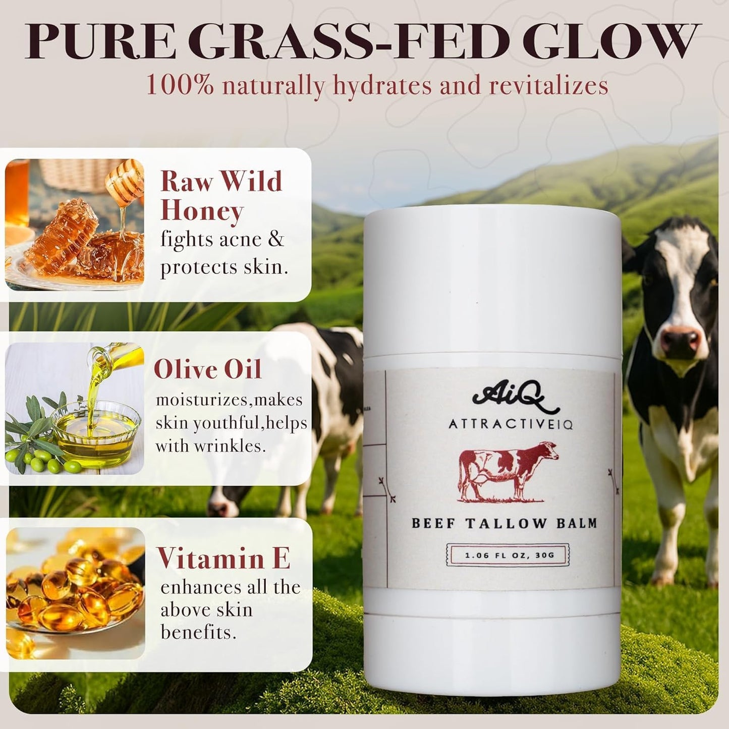 AttractiveIQ Beef Tallow for Skin – Grass-Fed Tallow Balm Stick Moisturizer with Raw Honey, Vitamin E & Olive Oil – Natural Face & Body Moisturizer for Dry, Sensitive Skin (1.06 oz)