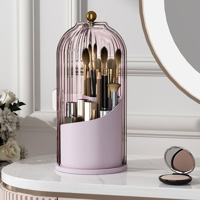 YOOLENS Makeup Brush Holder Organizer with Lid,360 Rotating Clear Dustproof Makeup Brushes Organizer for Vanity Desktop Bathroom Countertop, Pink