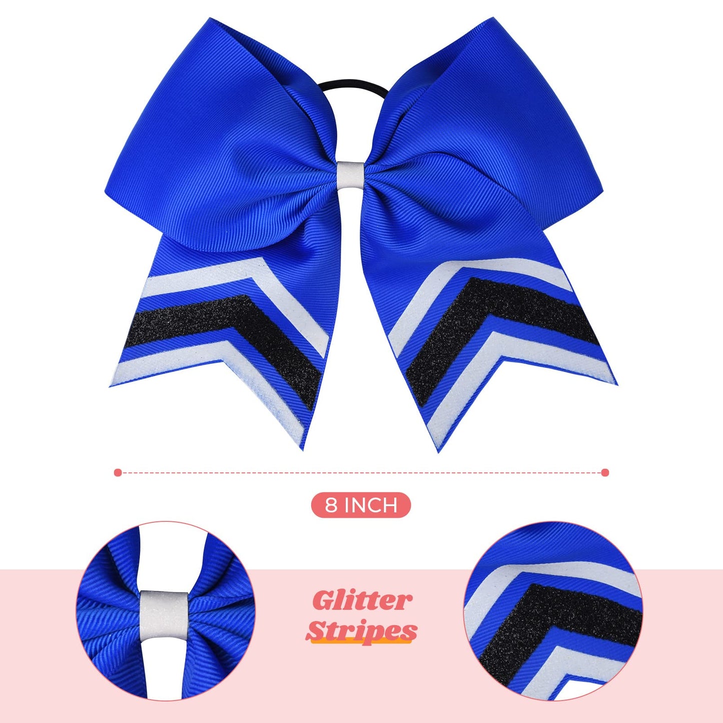 DEEKA 8PCS Large Glitter Cheer Bows Shiny 7" Cheer Hair Bows Ponytail Holder Handmade for Cheerleader Girls Softball Sports -Royal Blue/WTBK